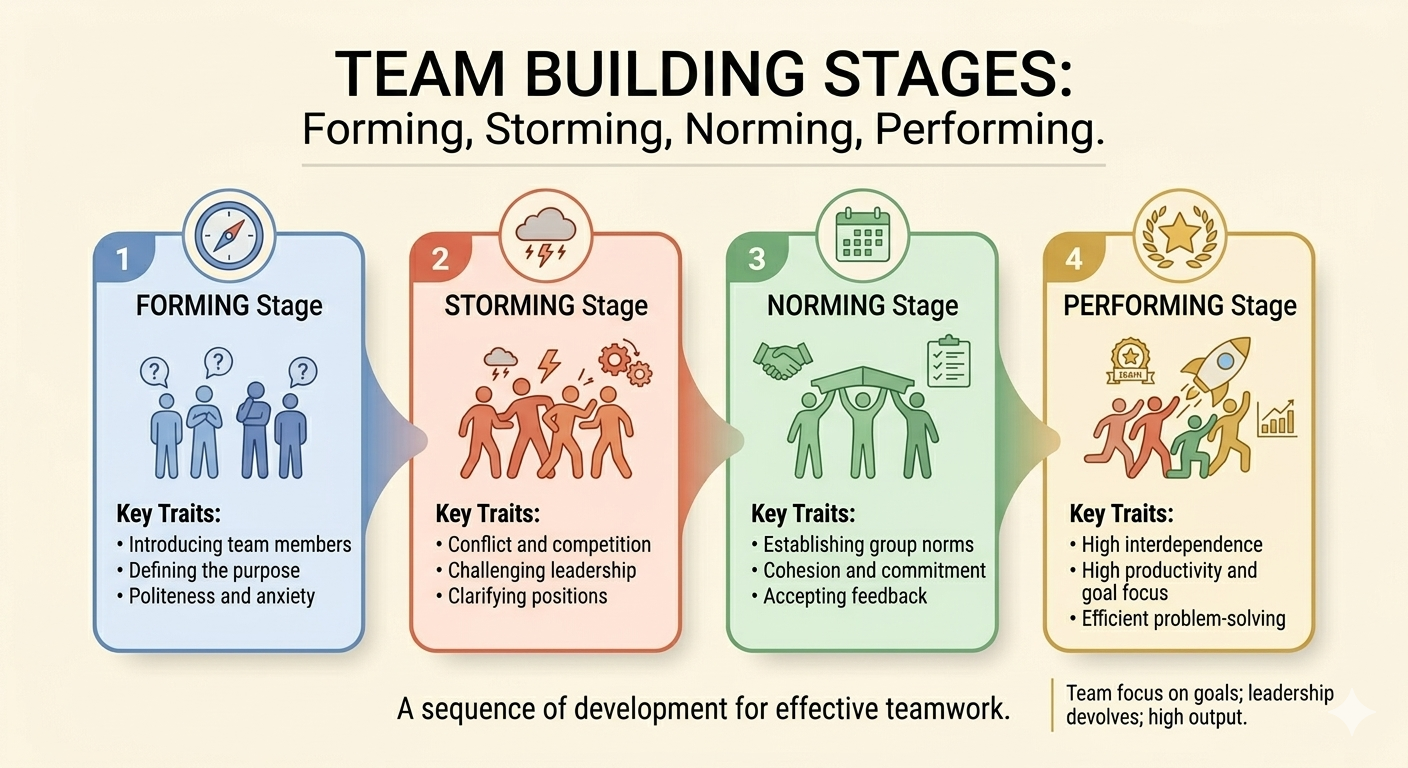 Tuckman's five stages of team development: Forming, Storming, Norming, Performing, and Adjourning